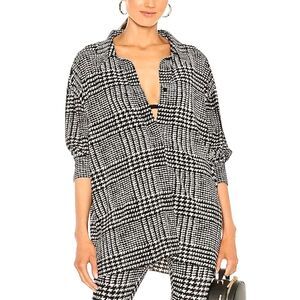 NORMA KAMALI Oversized Boyfriend Shirt, Black & White Glen Plaid Tweed, Sz S/36